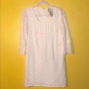 Ice White Pleated Sheath Dress 3/4 Sleeve Scoop Neck